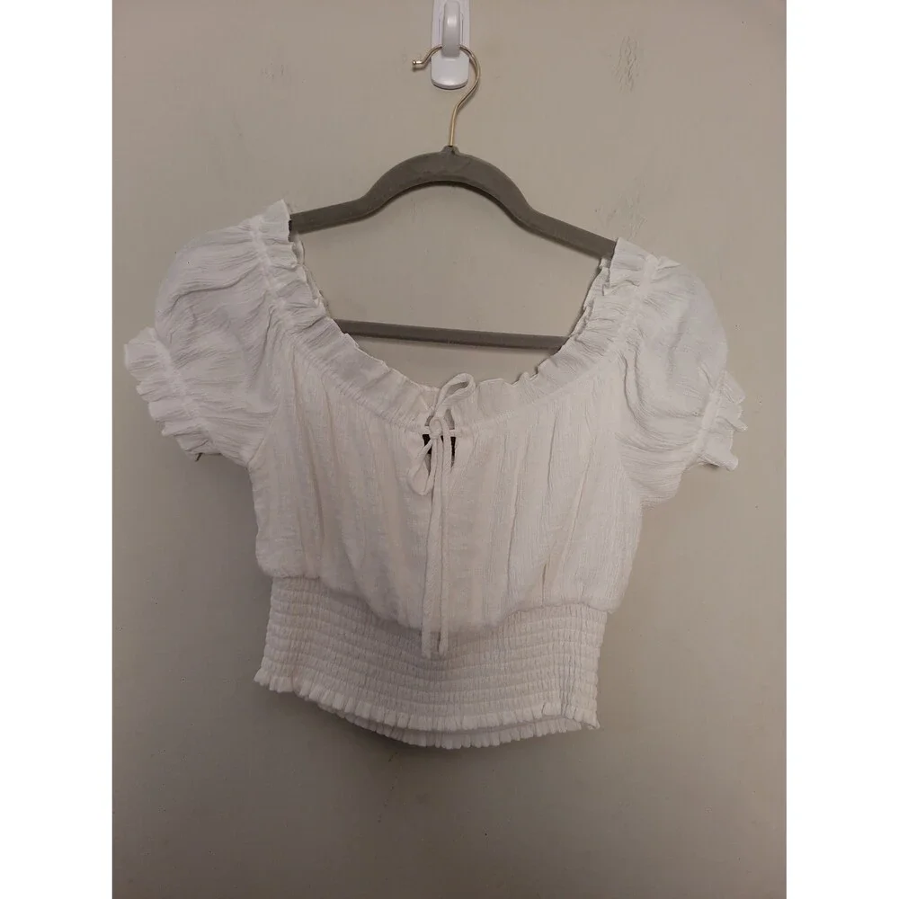 Majorelle White Cottagecore Smocked Crop Top Sz S Milkmaid Coquette Breathable - Picture 3 of 8